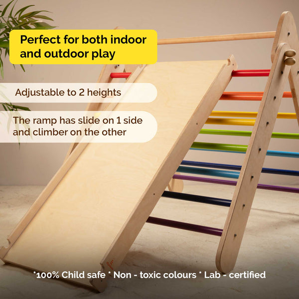 Wooden Rainbow Pikler Triangle With Slide/Climber/Play Gym For Babies (6+ Months)
