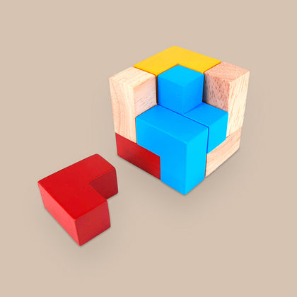 Colorful Wooden Puzzle Cube featuring 9 L-Shaped Blocks (4 Years+)