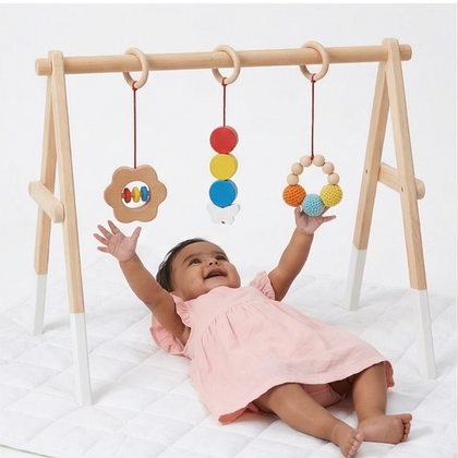 Wooden Montessori Baby Gym – Foldable Neem Wood Play Gym with Hanging Toys