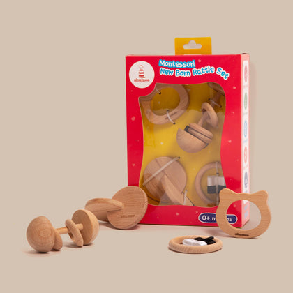 Wooden Montessori Rattle & Teether Set of 4 For Babies (0 Months+)