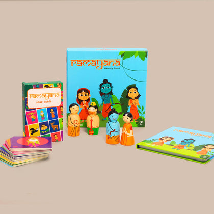 Wooden Ramayana Play Set - Peg Dolls, Picture Book, Memory Cards & Snap Cards (3+ Years)