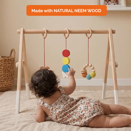 Wooden Montessori Baby Gym – Foldable Neem Wood Play Gym with Hanging Toys