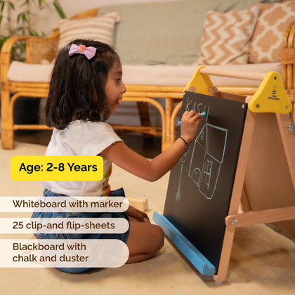 Wooden 3-In-1 Table-Top Drawing Board/Easel For Kids With Chalkboard And Whiteboard (2 Years+)