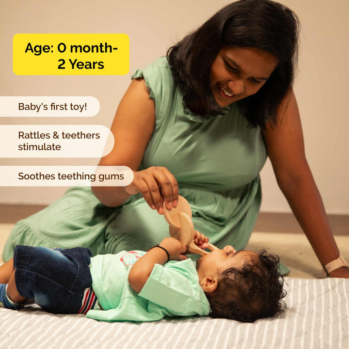 Montessori Rattle and Teether Combo, Wooden Rattle and Teether Set for