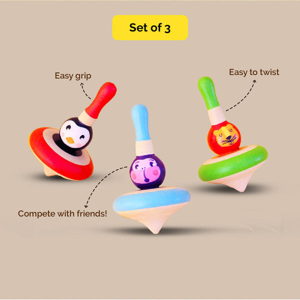 Wooden Animal Spin Tops - Set of 3 (3 Years+)