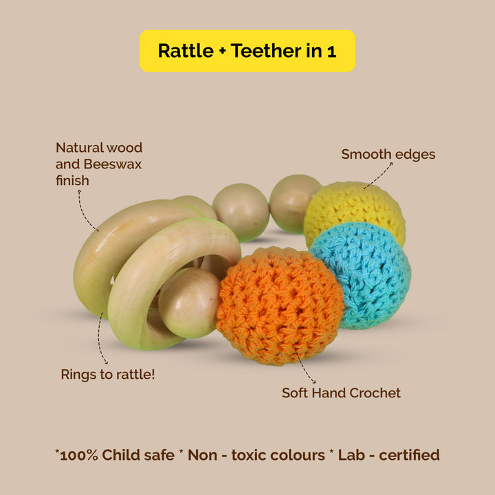 Wooden Crochet Teether and Rattle Ring Toy for Babies (0 Months+)
