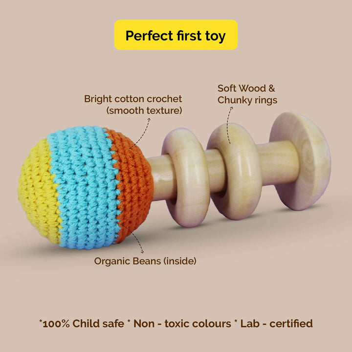 Wooden Organic Crochet Shaker - Baby Rattle Toy (0 Months+)