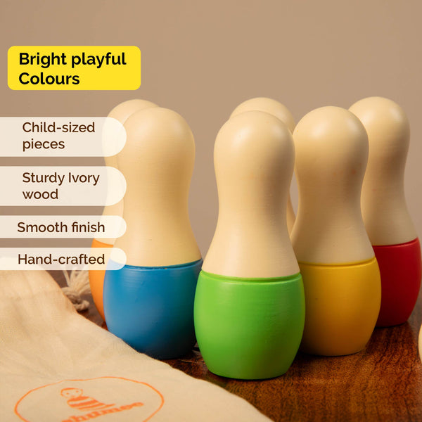 Wooden Mini Bowling Pins Set | 6 Pins & 1 Ball (2+ Years)- Set of 5