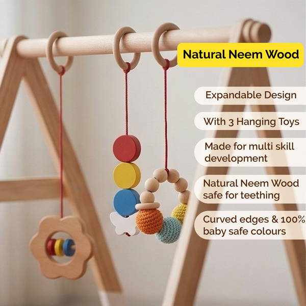 Wooden Montessori Baby Gym – Foldable Neem Wood Play Gym with Hanging Toys