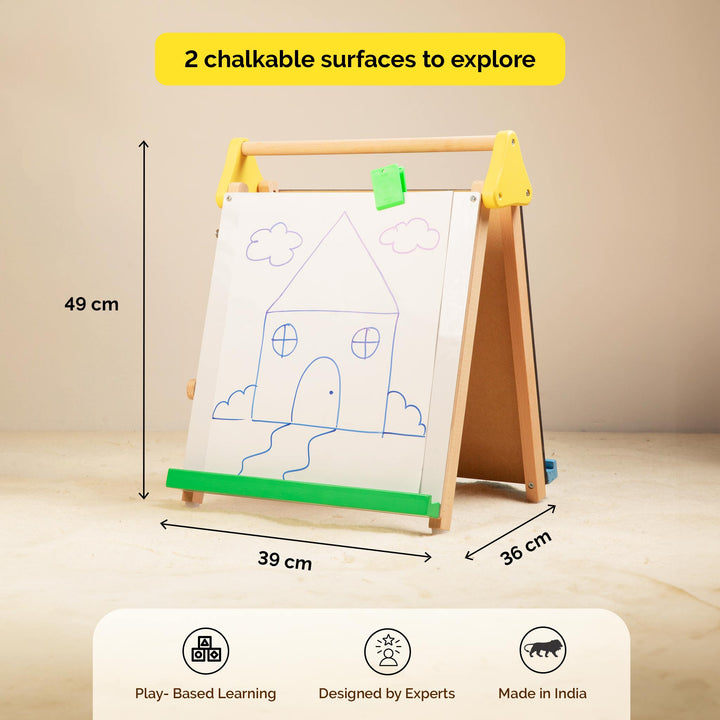 Wooden 3-In-1 Table-Top Drawing Board/Easel For Kids With Chalkboard And Whiteboard (2 Years+)