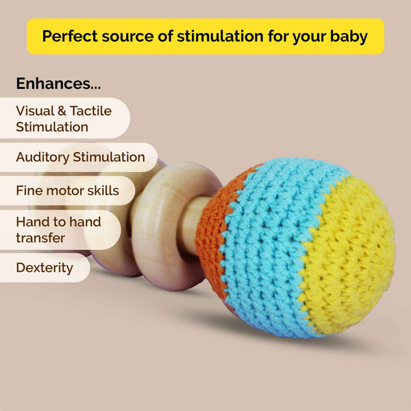 Wooden Organic Crochet Shaker - Baby Rattle Toy (0 Months+)