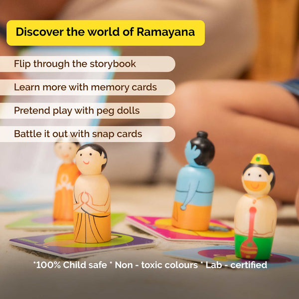 Wooden Ramayana Play Set - Peg Dolls, Picture Book, Memory Cards & Snap Cards (3+ Years)