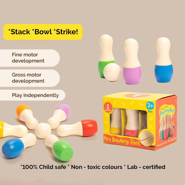 Wooden Mini Bowling Pins Set | 6 Pins & 1 Ball (2+ Years)- Set of 5