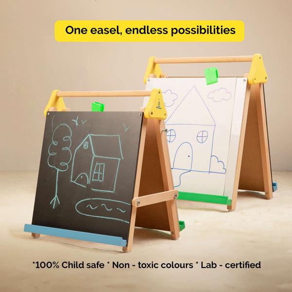 Adjustable Wooden 3-In-1 Table-Top Drawing Board/Easel For Kids With Chalkboard & Whiteboard (2+ Years) for Home Art & Study