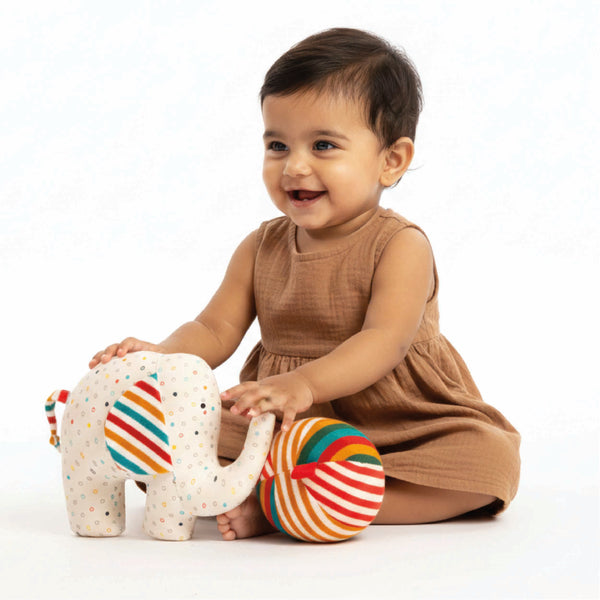 Soft Plush Baby Rattle & Ball - Organic Elephant Rattle for Babies (0 Months+)