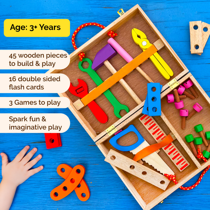 Wooden Tool Kit – 45 Piece Role Play Construction Set for Kids (Ages 3-8)