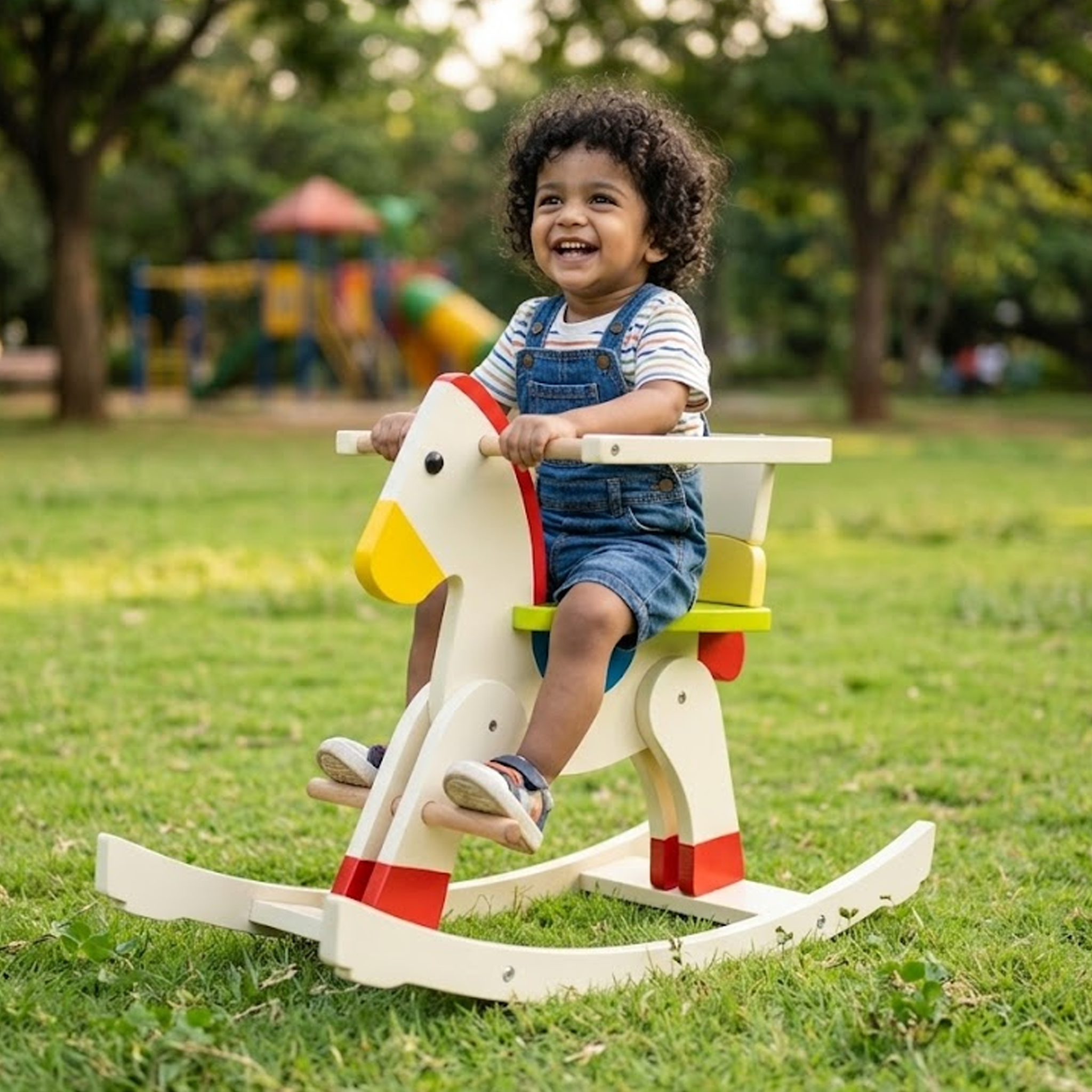 Wooden rocking horse in park