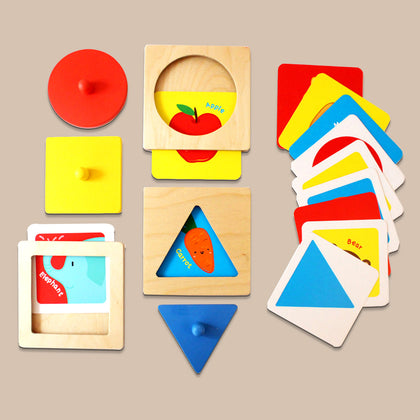 Montessori Wooden Shapes Peg Puzzle Set - 3 Puzzles, 9 Cards (9 Months+)