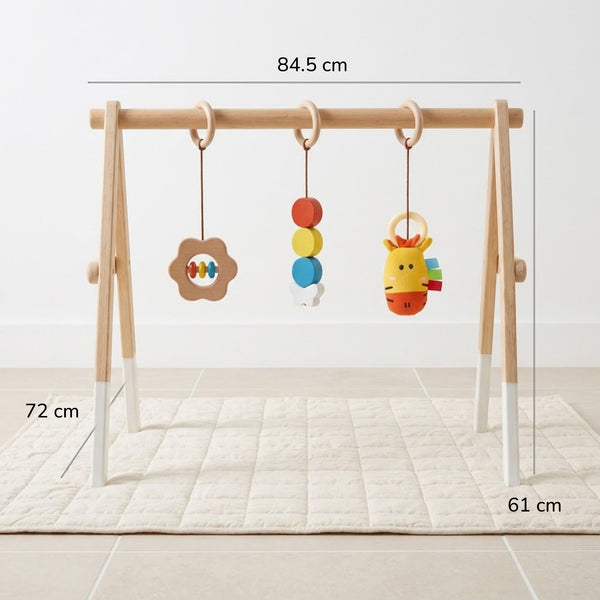 Wooden Montessori Baby Gym – Foldable Neem Wood Play Gym with Hanging Toys
