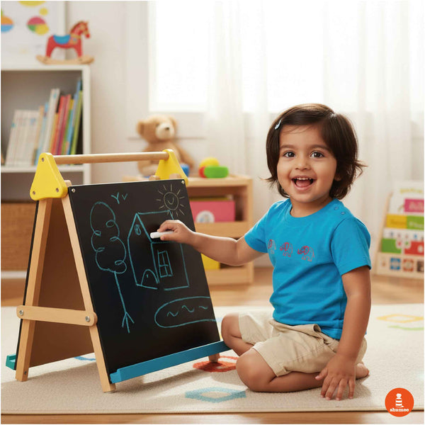 Adjustable Wooden 3-In-1 Table-Top Drawing Board/Easel For Kids With Chalkboard & Whiteboard (2+ Years) for Home Art & Study