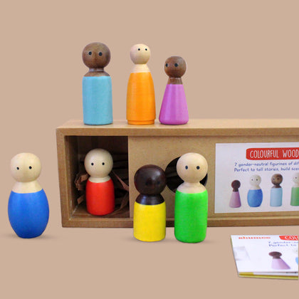 Colourful 7-Piece Set of Wooden Diverse Peg Dolls (3 Years+)