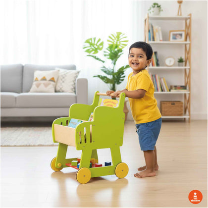 Wooden Shopping Push Cart - Wooden Cart Pretend Play For Kids (2+ Years)