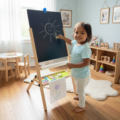 Height-Adjustable Wooden Standing Art Easel for Kids (3-in-1) | Inbuilt Paper Roll | 2+ Years