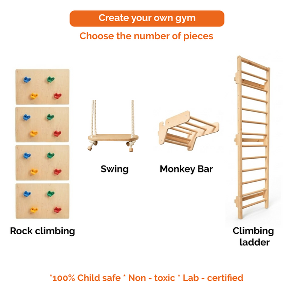 Modular Wooden Indoor Play Gym for Kids – Wall Mounted (3+ Years)