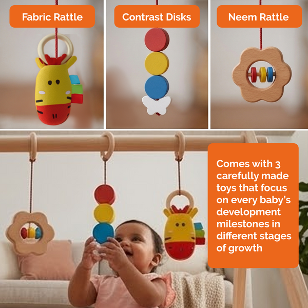 Wooden Montessori Baby Gym – Foldable Neem Wood Play Gym with Hanging Toys