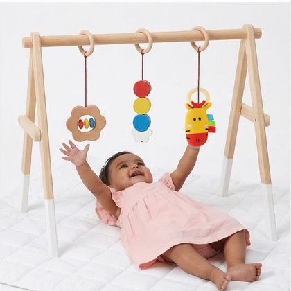 Wooden Montessori Baby Gym – Foldable Neem Wood Play Gym with Hanging Toys