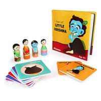 Wooden peg doll, memory card and Little Krishna book