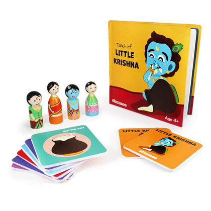 Wooden peg doll, memory card and Little Krishna book